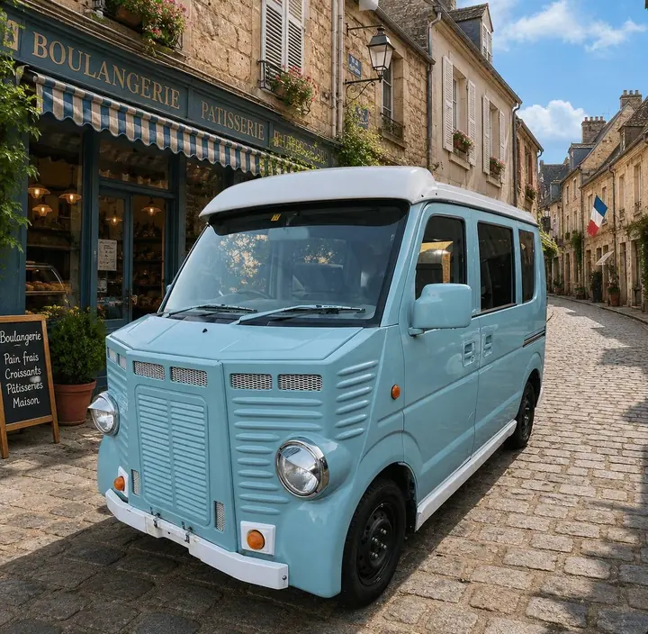 Retro-style custom Suzuki Every DA64V in light blue